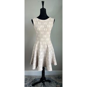 Women's Beige Gold Geometric Lace Motif Woven Silk Stretch Skater Dress Size S